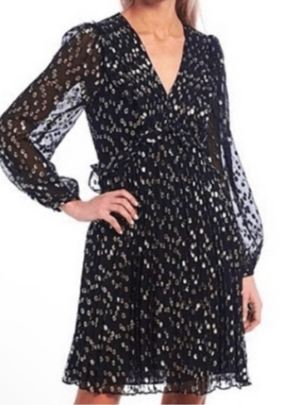 A LOVES A Black Dress Silk and Metallic Gold & Silver Dot Print